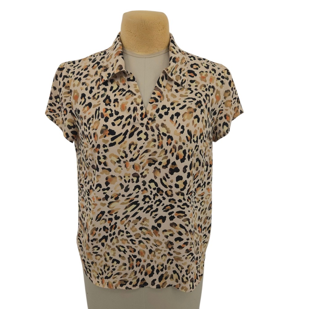 Cabi Womens Leopard Print Short Sleeve V-Neck Blouse Brown Medium 6090 Office